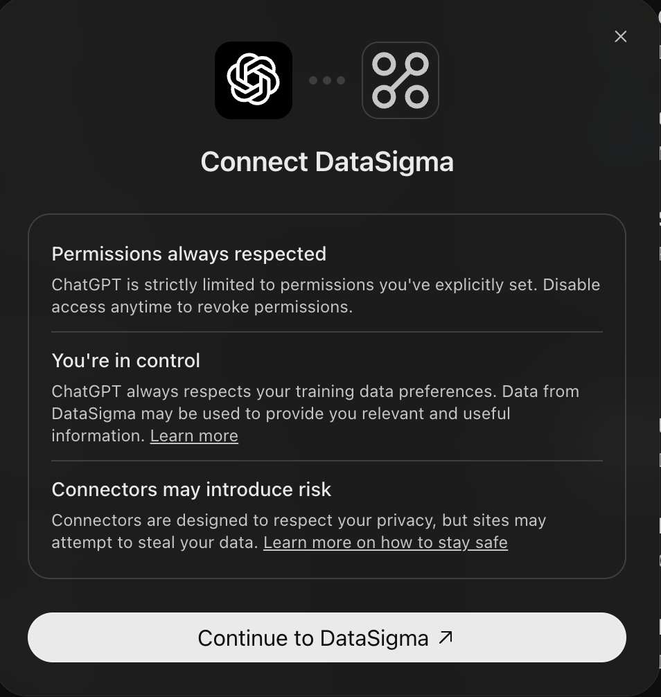 ChatGPT connection dialog with a Continue to DataSigma button.
