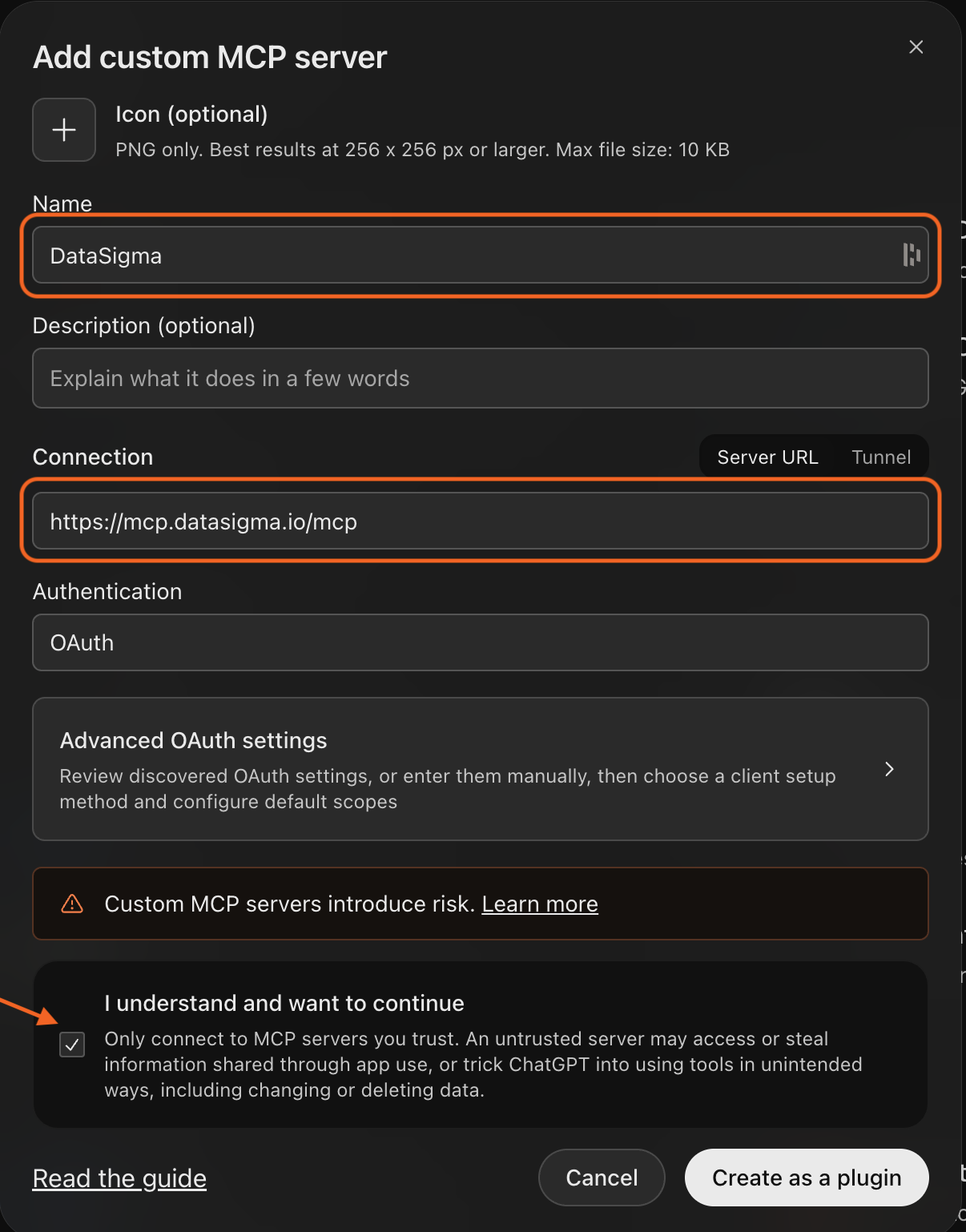 Add custom MCP server dialog with the Datasigma name, MCP URL, OAuth authentication, acknowledgement checkbox, and Create as a plugin button.
