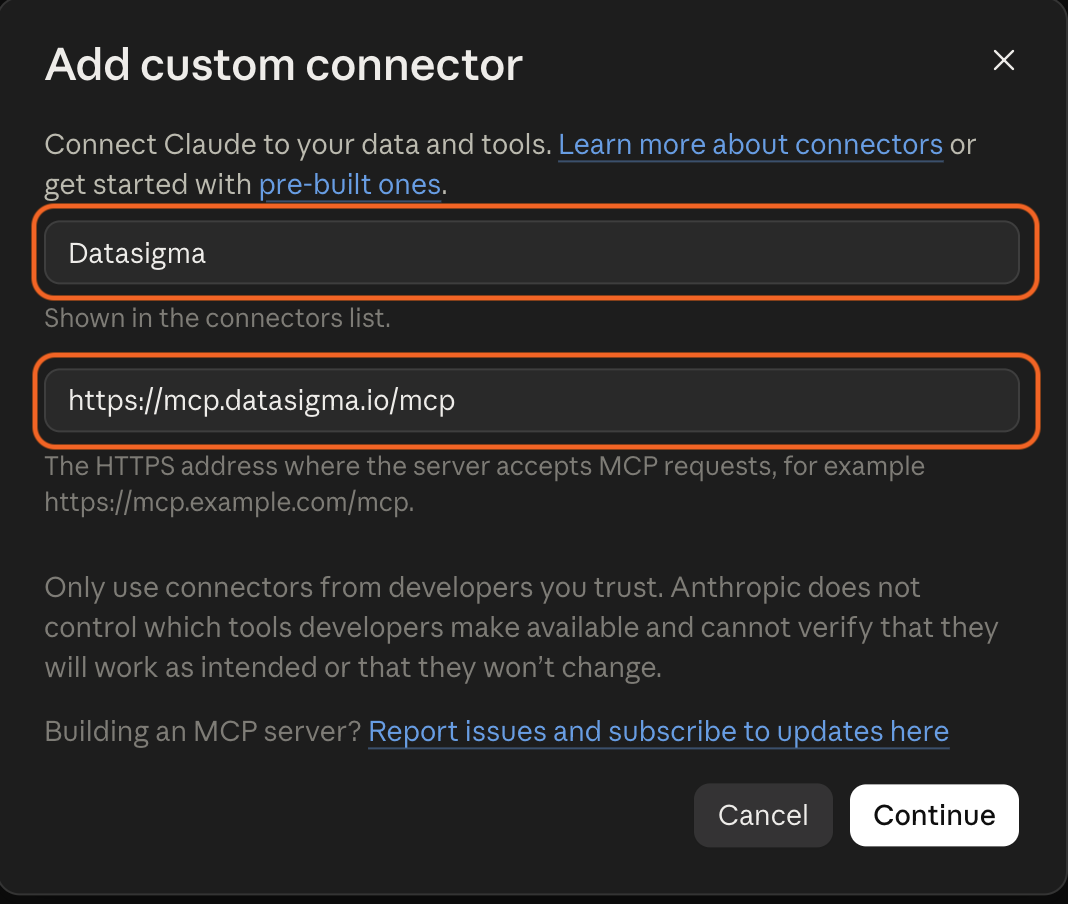 Add custom connector dialog showing Datasigma, https://mcp.datasigma.io/mcp, and Continue.
